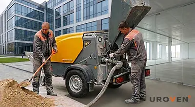 Идеально ровная стяжка пола в коммерческих помещениях за 1 день Процесс укладки полусухой стяжки пола в большом коммерческом помещении с колоннами на этапе чернового ремонта.