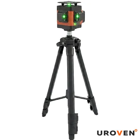 Профессиональный лазерный уровень Gigant GBLL 13 с зеленым лучом и штативом Лазерный уровень Gigant GBLL 13 с ярко-зелеными лучами на черном штативе для высокоточной строительной разметки.
