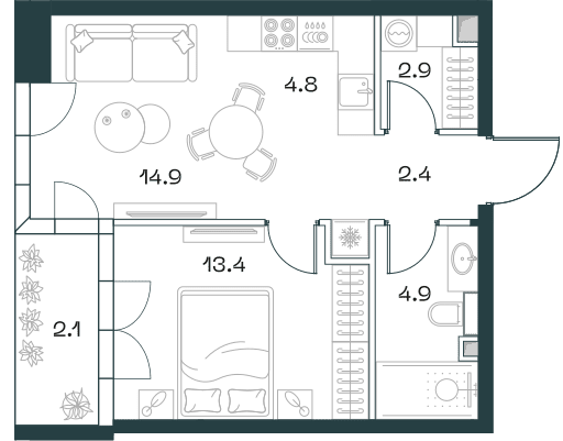 Планировка 2-комнатной квартиры 46.5 м², корпус 1, этаж 2, ЖК SHIFT