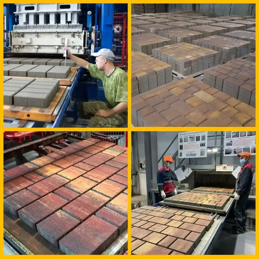 Производственный процесс вибропрессованной плитки: пресс, контроль, склад и готовая продукция Производство и контроль качества тротуарной плитки — от линии до складирования