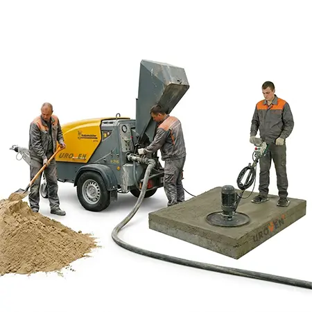 Профессиональная стяжка пола: замес, укладка и затирка за один день Процесс устройства полусухой стяжки пола: замес в пневмонагнетателе, выравнивание и финишная затирка поверхности.