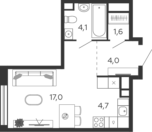 Планировка студии 31,5 м² в ЖК Шагал