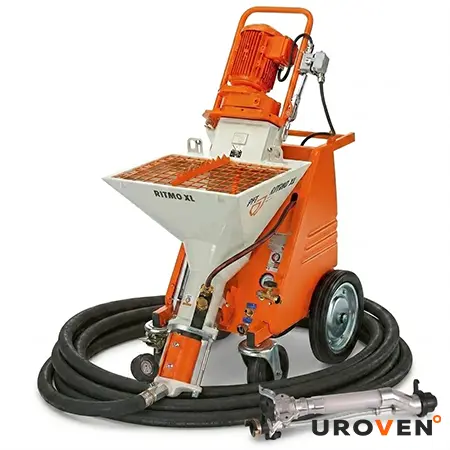 Профессиональная штукатурная станция PFT Ritmo XL (Германия) в полной комплектации Профессиональная немецкая штукатурная станция PFT Ritmo XL на колесах с оранжевым корпусом, белым бункером, шлангом и распылителем в комплекте.