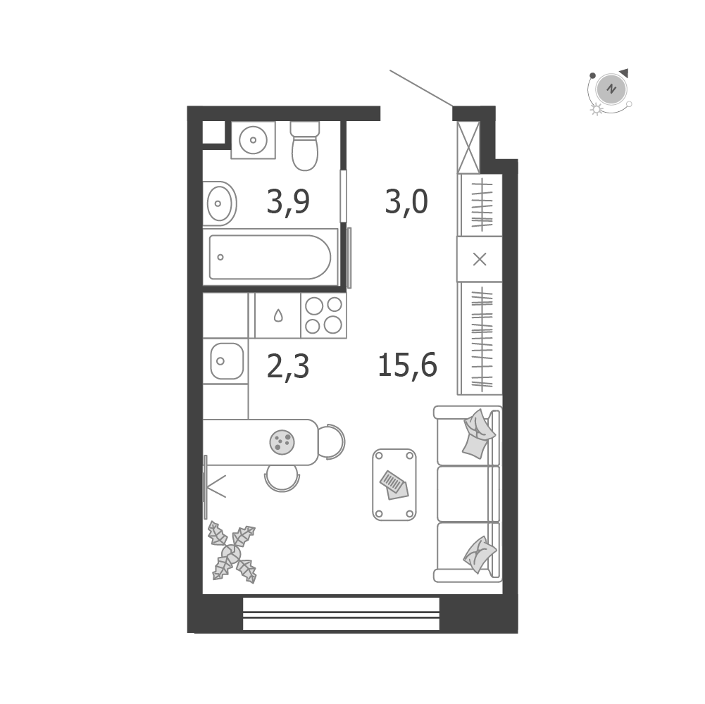 Планировка студии 24,8 м² в ЖК Шагал