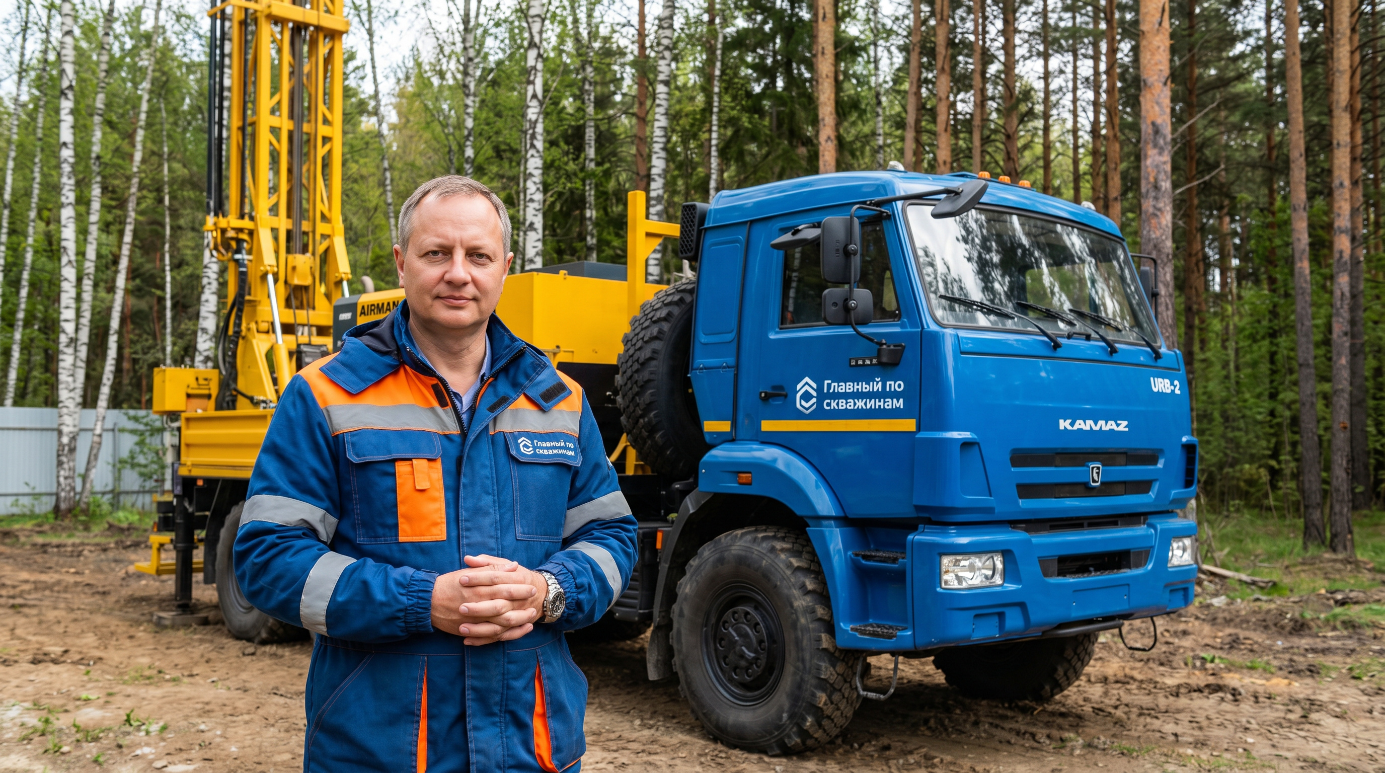 КамАЗ URB-2 на участке в Арамильском районе, идёт бурение скважины, рядом стоит Владимир Бондаренко